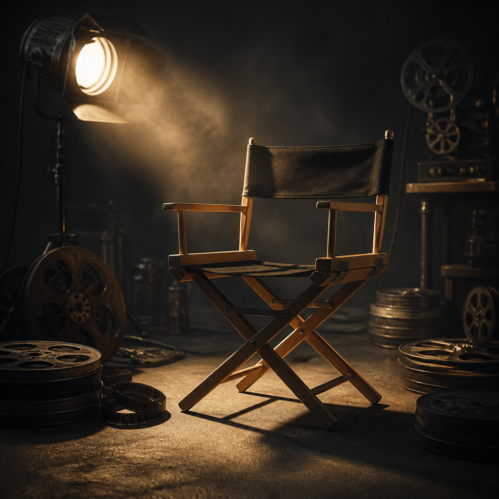 Symbolbild für Filme von Anthony Hopkins: Vintage-Regiestuhl auf einem stimmungsvollen Filmset mit Spotlight und Filmrollen