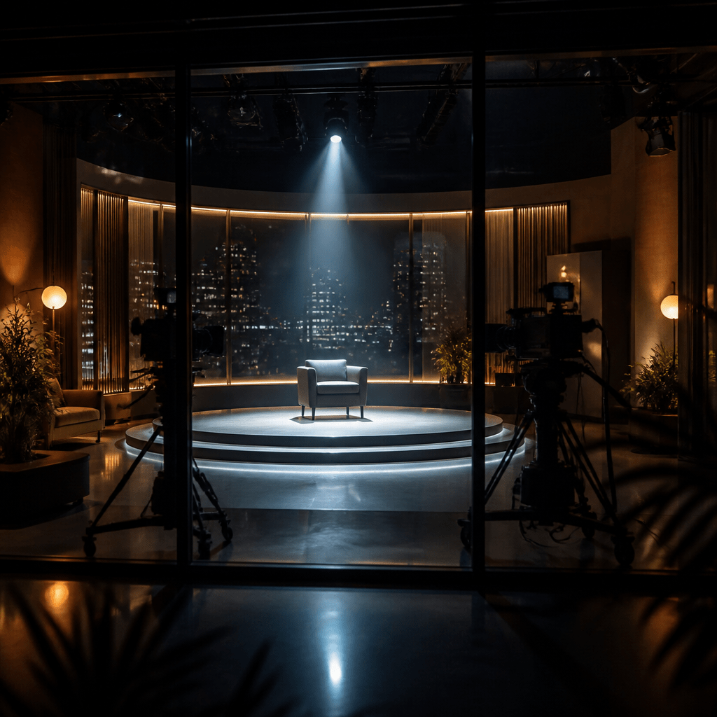 Sascha Sirtl – symbolisches Bild eines leeren TV-Studio-Bühnensets bei Nacht mit dramatischem Spotlight