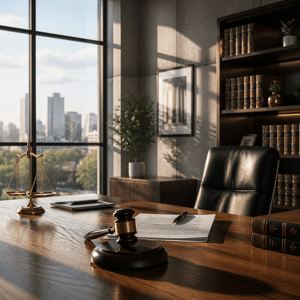 Symbolbild zur Besetzung von Matlock 2024: elegantes Anwaltsbüro mit dramatischem Lichteinfall und Rechtsdokumenten