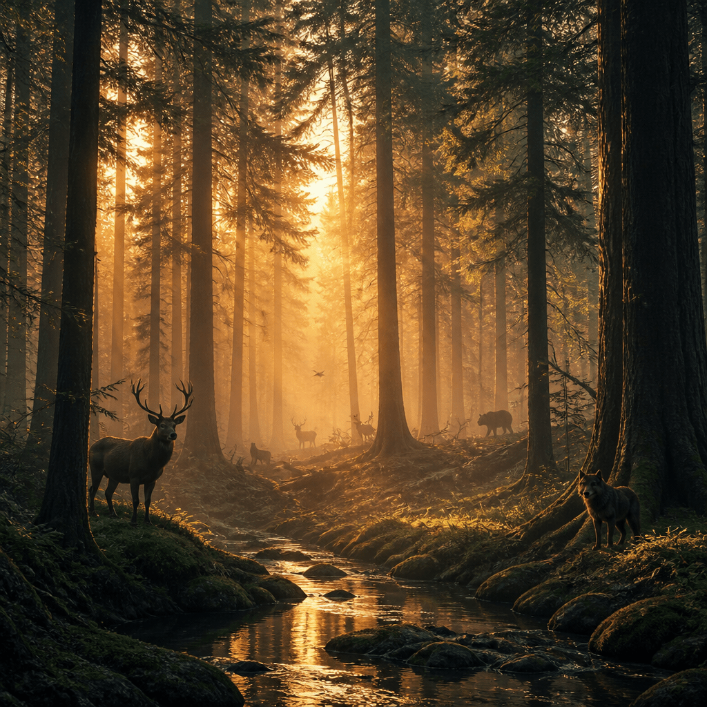 Symbolbild zur Besetzung von Woodwalkers 2: mystischer Wald mit Tierschatten und goldenem Dämmerlicht