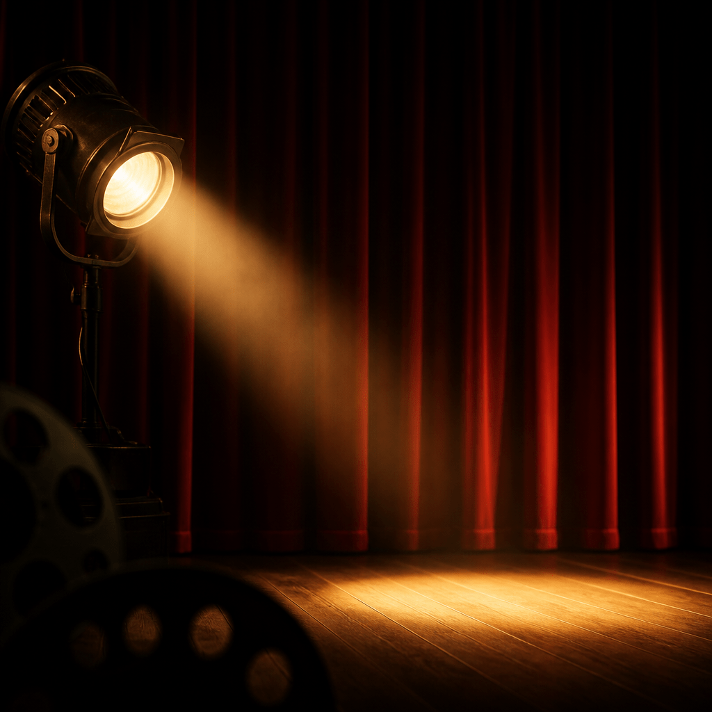 Anna Maria Sieklucka – symbolisches Bühnenbild mit Spotlight und rotem Vorhang, Übergang vom Theater zur Filmwelt