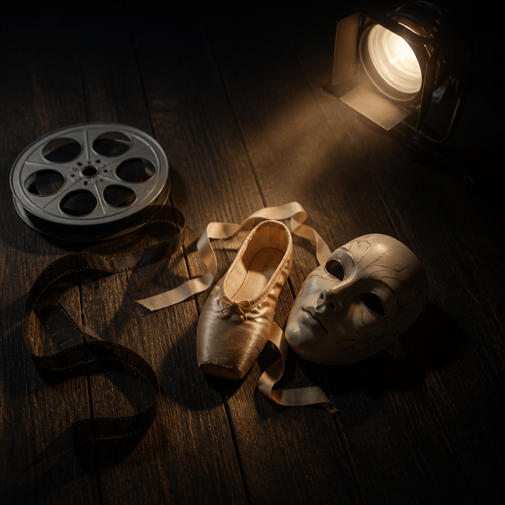 Symbolbild für Filme von Natalie Portman: Filmrolle, Ballettschuh und Theatermaske im dramatischen Bühnenlicht