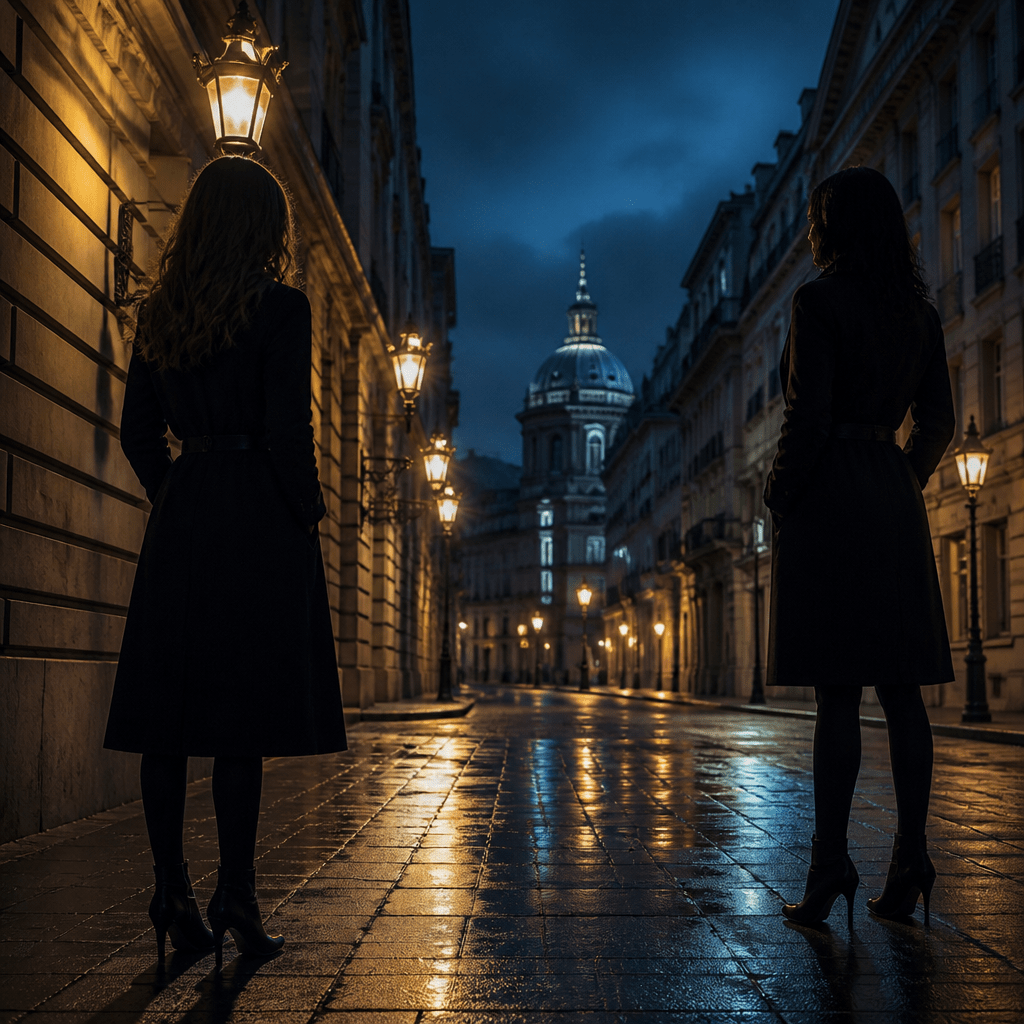 Besetzung von Killing Eve – zwei abstrakte Silhouetten im spannungsgeladenen Gegenüber auf einer nächtlichen Stadtstraße