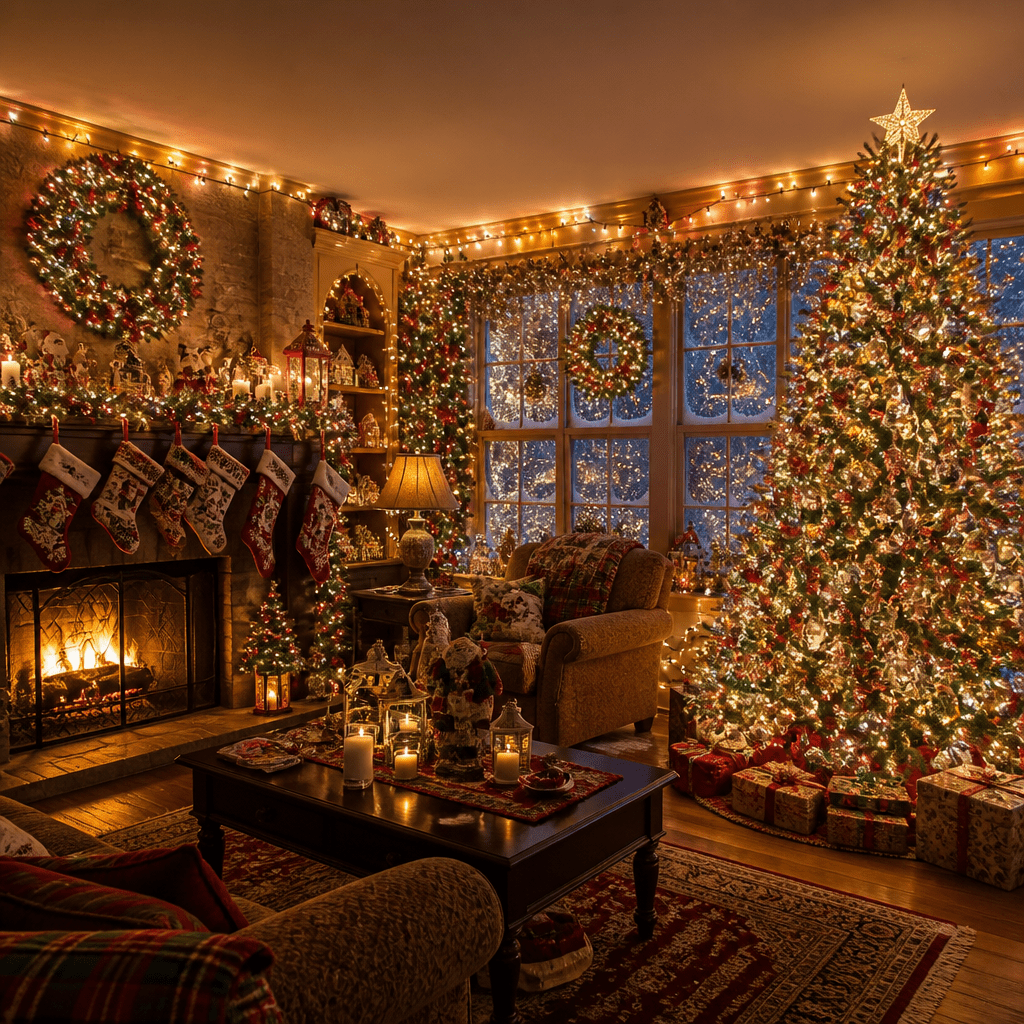 Besetzung von Schöne Bescherung – festlich überladenes Wohnzimmer mit tausenden Weihnachtslichtern
