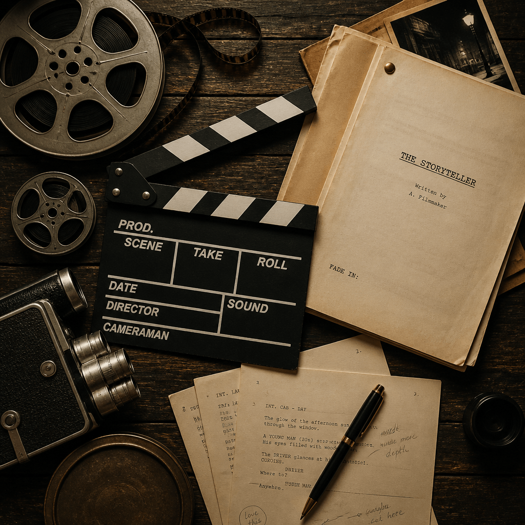 Symbolbild für Filme und Serien von Nicholas Hoult: Filmrollen und Drehbuchseiten in cineastischer Studioatmosphäre