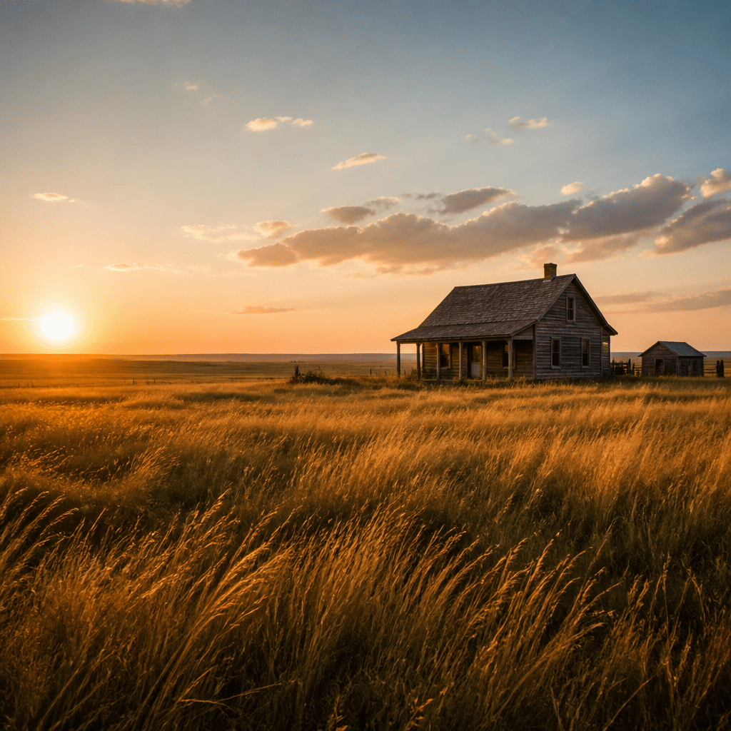 Besetzung von Unsere kleine Farm – symbolisches Prärie-Setting mit Farmhaus im Abendlicht
