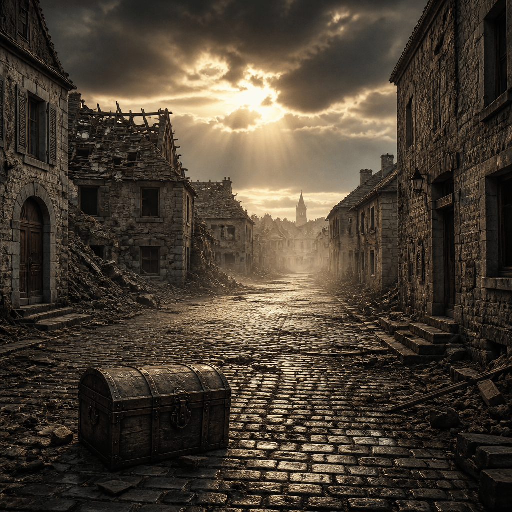Blood and Gold – symbolisches Dorfbild in Kriegsatmosphäre mit dramatischem Licht und goldenen Akzenten
