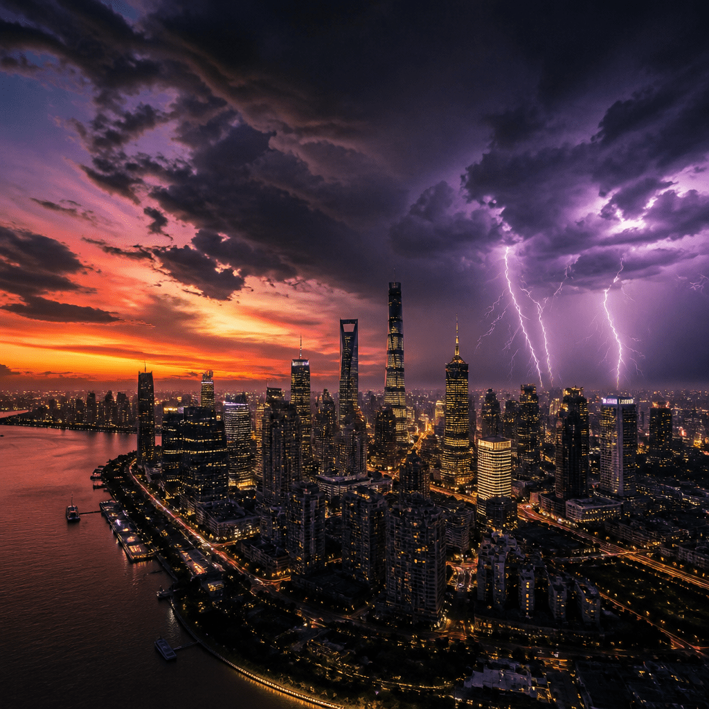 Katastrophenfilme Netflix – dramatische Skyline unter bedrohlichen Sturmwolken mit cineastischer Lichtstimmung