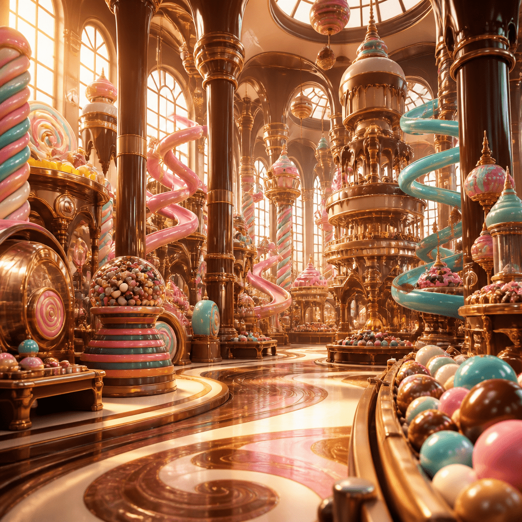 Besetzung von Charlie und die Schokoladenfabrik – märchenhaftes Fabrikinterieur in warmem Goldlicht mit verspielte Süßigkeitenmotiven