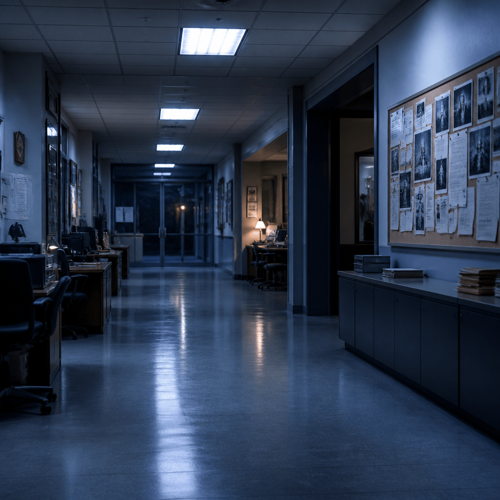 Symbolbild für Polizei Serien: nächtlicher Flur eines Polizeipräsidiums mit Akten und Atmosphäre