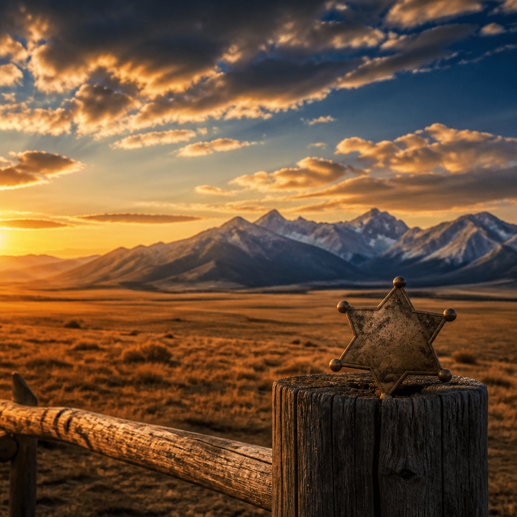 Marshals a Yellowstone Story: Symbolbild mit Westernlandschaft und Sheriff-Stern bei Abenddämmerung