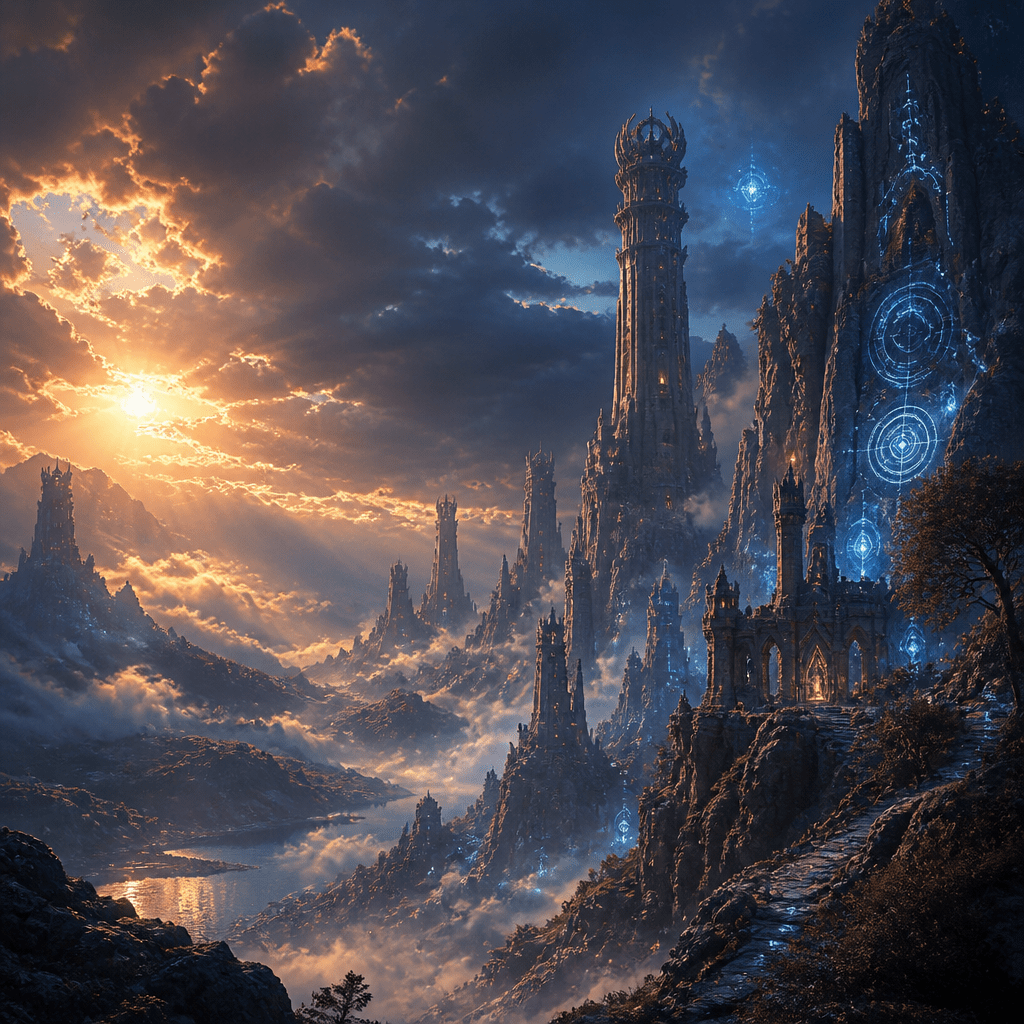 Fantasyfilm-Symbolbild: Magische Landschaft mit leuchtenden Runen und alten Türmen im dramatischen Abendlicht