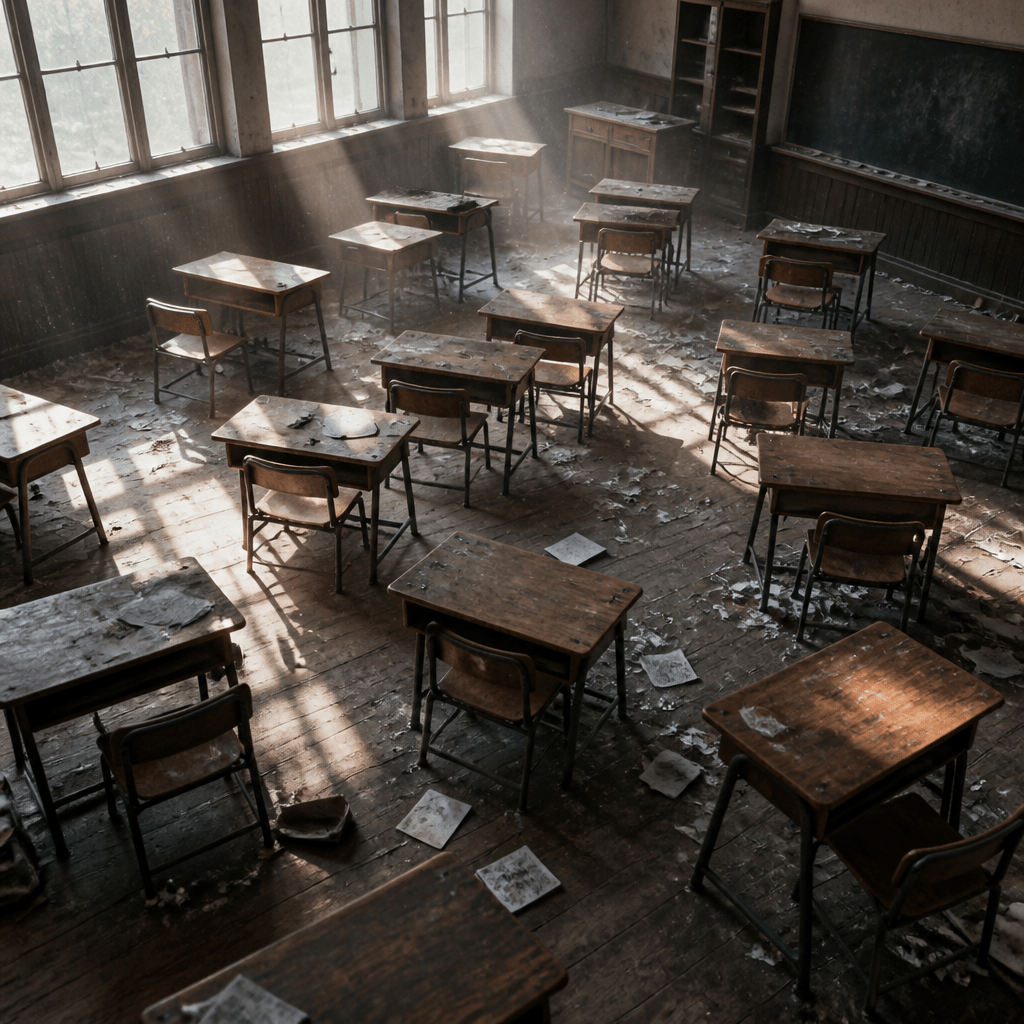 Besetzung von Fack ju Göhte – symbolisches Klassenzimmer in chaotischer Atmosphäre mit dramatischem Lichteinfall