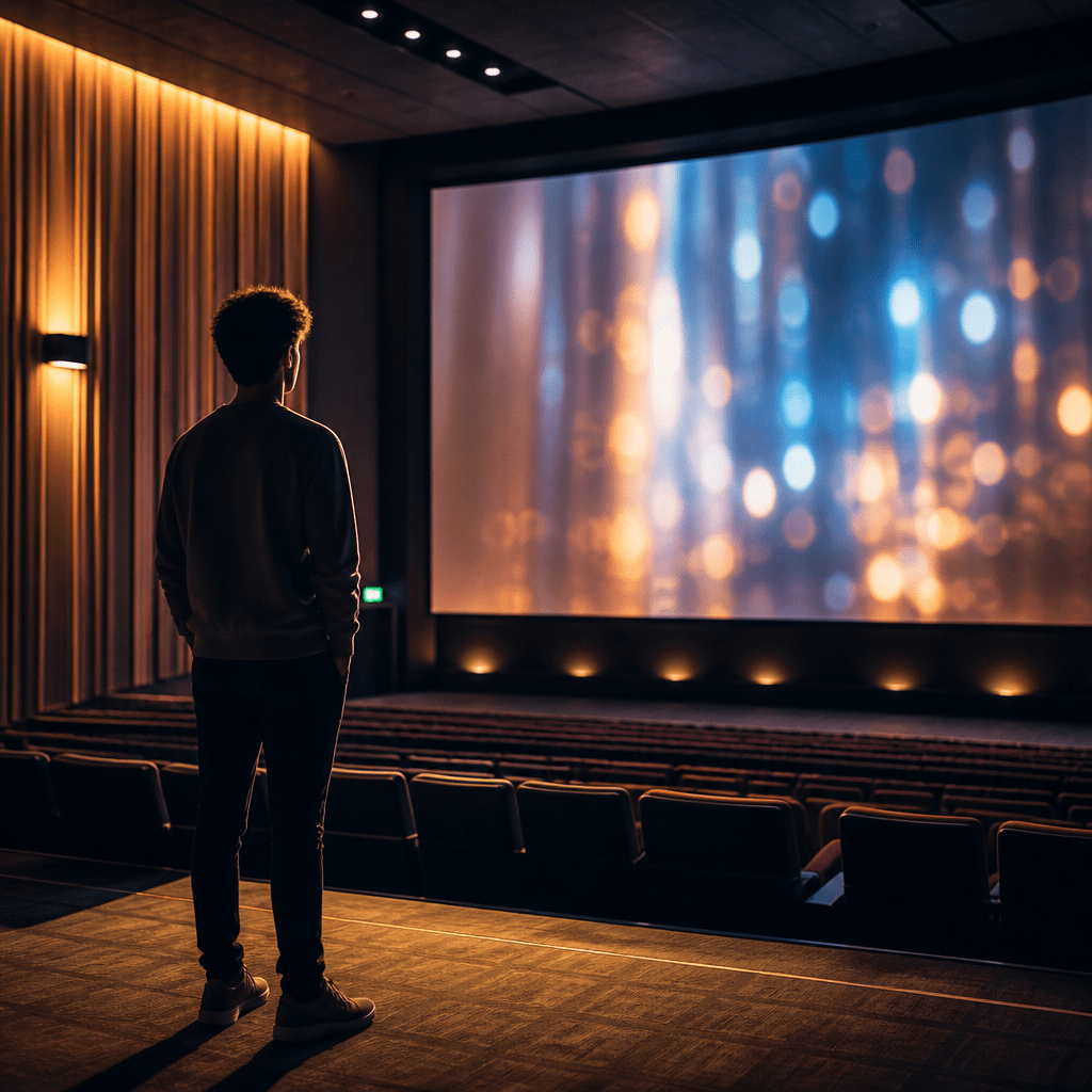 Kit Connor – Symbolbild: Jugendliche Silhouette vor Kinoleinwand in warmem Bühnenlicht, cineastische Atmosphäre