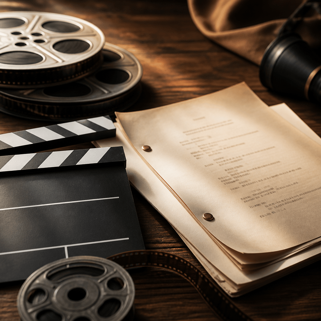 Symbolbild für Filme und Serien von James Van Der Beek: Filmrollen, Klappe und Drehbuchseiten im cineastischen Stil