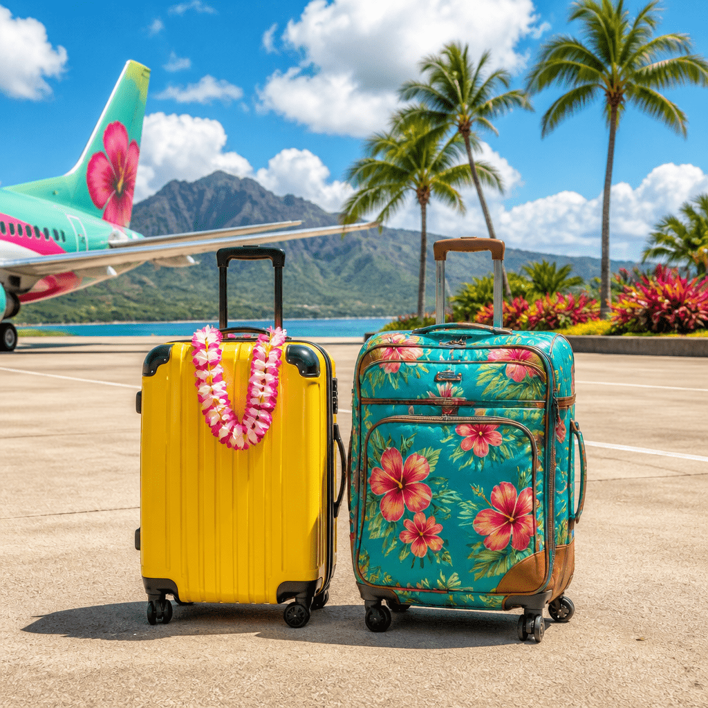 The Wrong Missy – Symbolbild: Chaotisches Urlaubsgepäck am Flughafen mit tropischer Hawaii-Kulisse