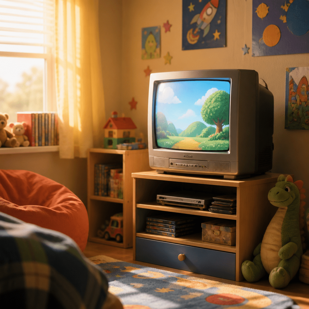 Kinderserien 2000: Retro-Fernseher in einem gemütlichen Kinderzimmer mit warmem Nachmittagslicht und nostalgischer Atmosphäre