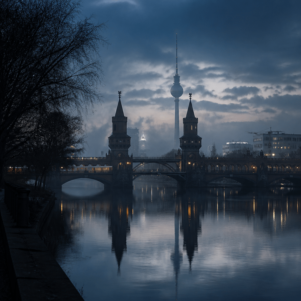 Besetzung von Jenseits der Spree – stimmungsvolles Symbolbild einer nebeligen Berliner Spreeuferszene in der Abenddämmerung