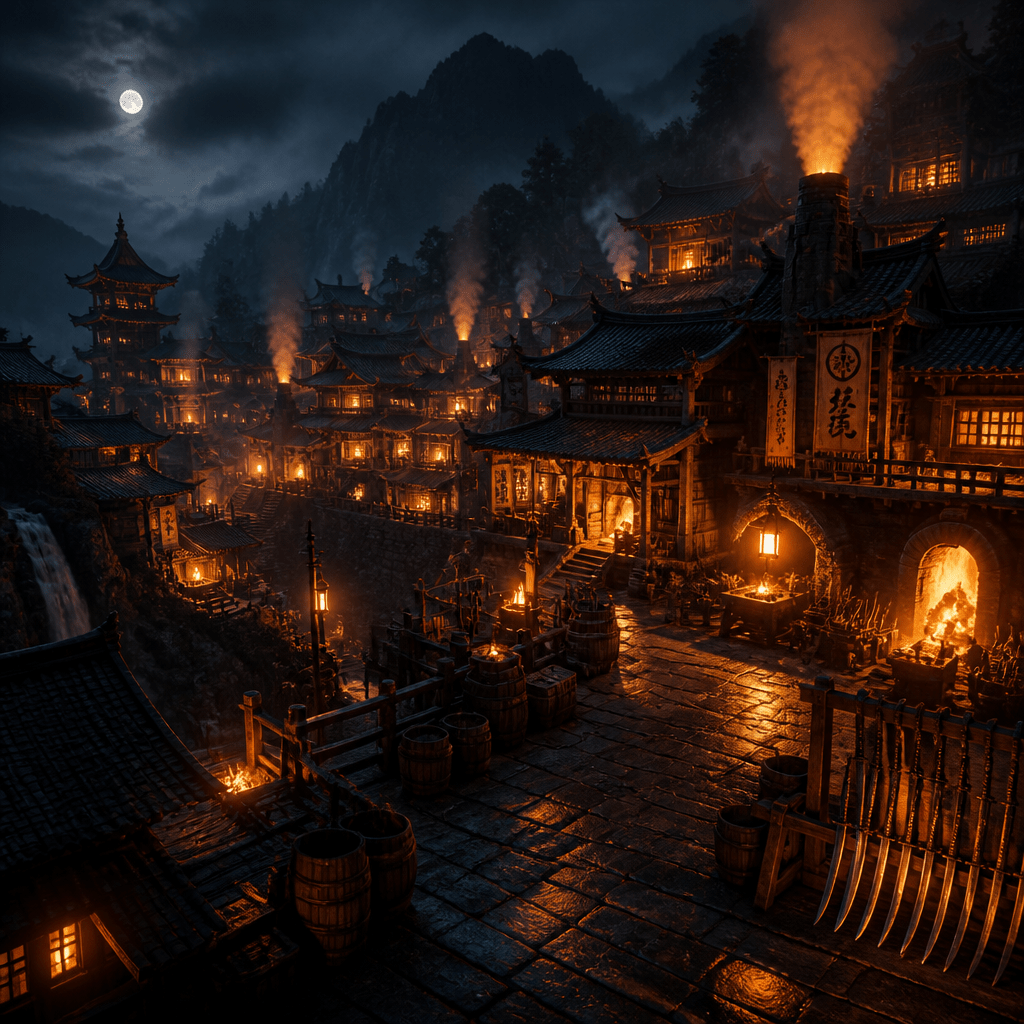Demon Slayer Staffel 3 – mystisches Schwertschmiede-Dorf bei Nacht mit leuchtenden Schmiedefeuern und japanischer Architektur