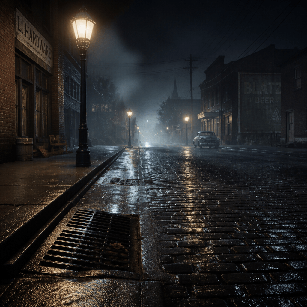 Neblige Kleinstadt-Straße der 1960er-Jahre bei Nacht – atmosphärisches Symbolbild zur Serie Es Welcome to Derry