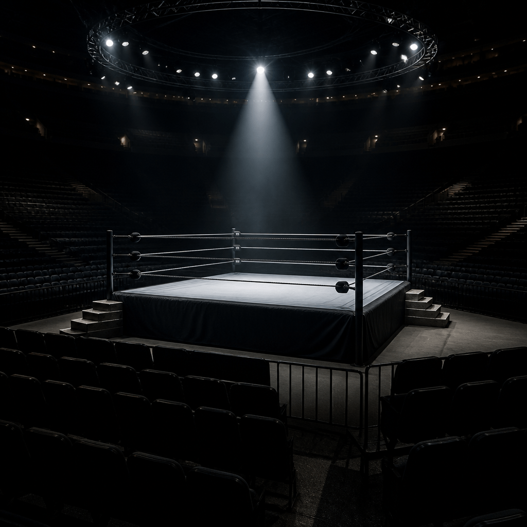 Symbolbild für Filme von Zac Efron: leere Wrestling-Arena mit dramatischem Spotlight und cineastischer Atmosphäre