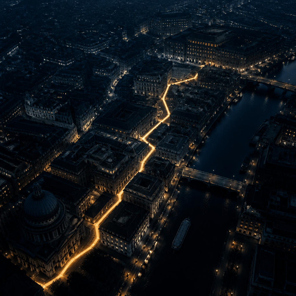 Lioness Staffel 2 – symbolisches Nachtpanorama einer Stadt mit leuchtendem Pfad als Sinnbild für verdeckte Operationen