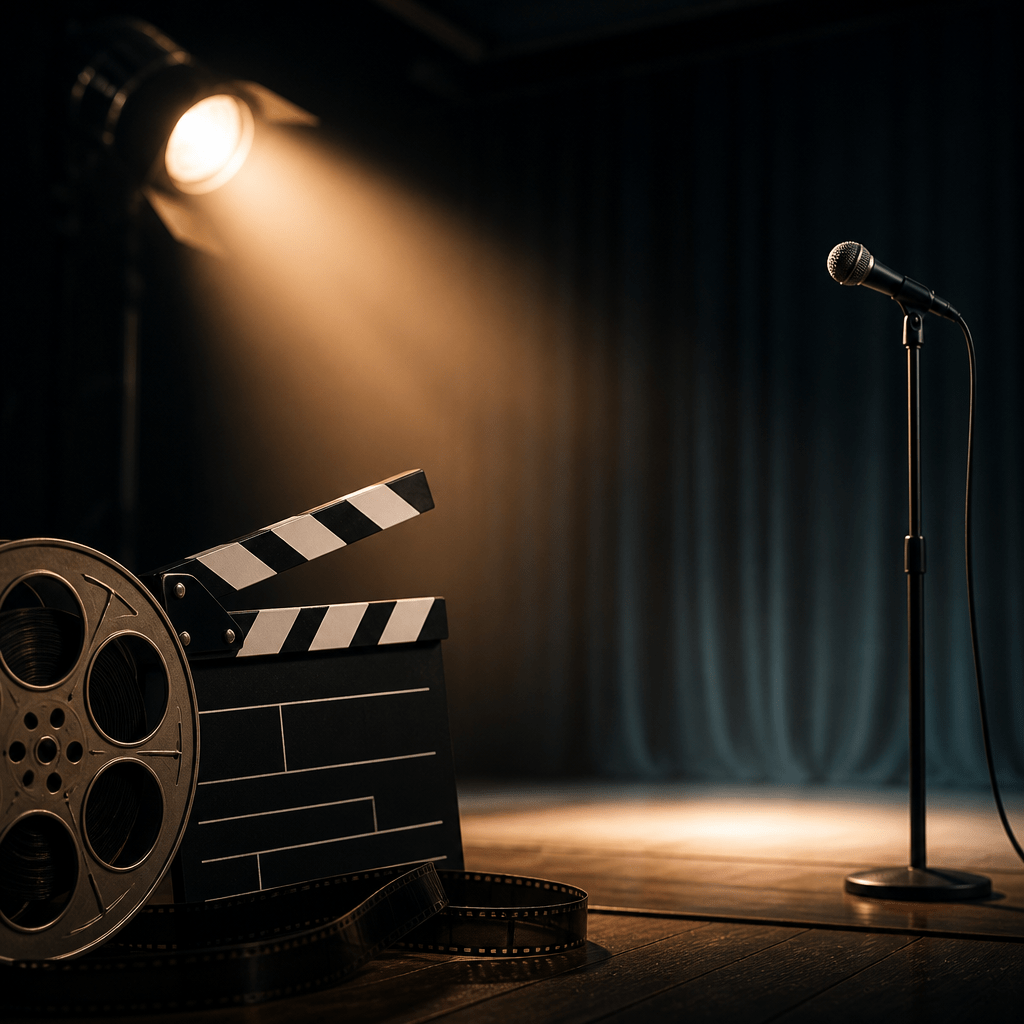Selena Gomez – symbolische Bühne mit Mikrofon, Filmklappe und Filmrolle im cineastischen Scheinwerferlicht