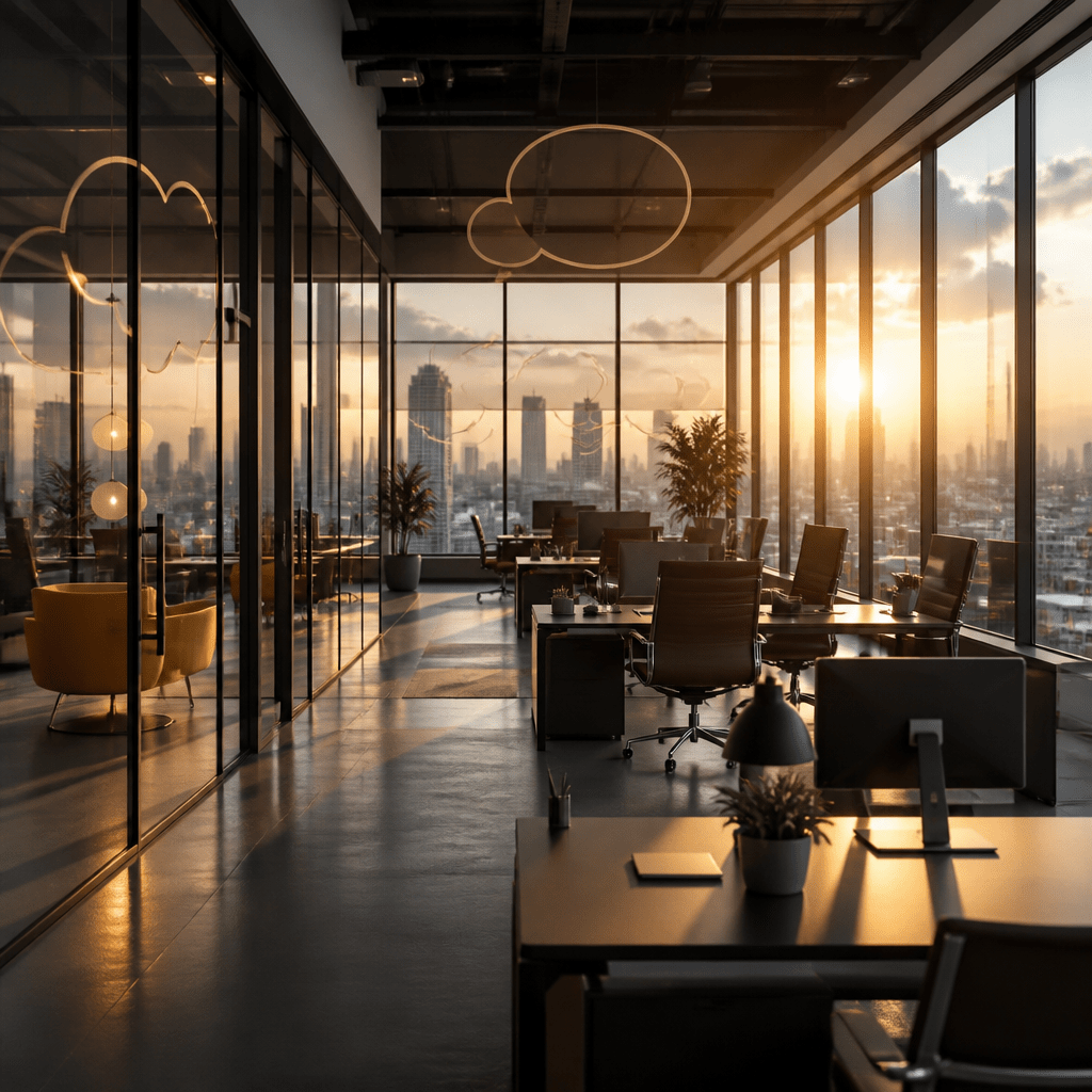 Symbolbild zur Besetzung von Was Frauen wollen: modernes Werbeagentur-Büro mit Stadtpanorama im warmen Abendlicht
