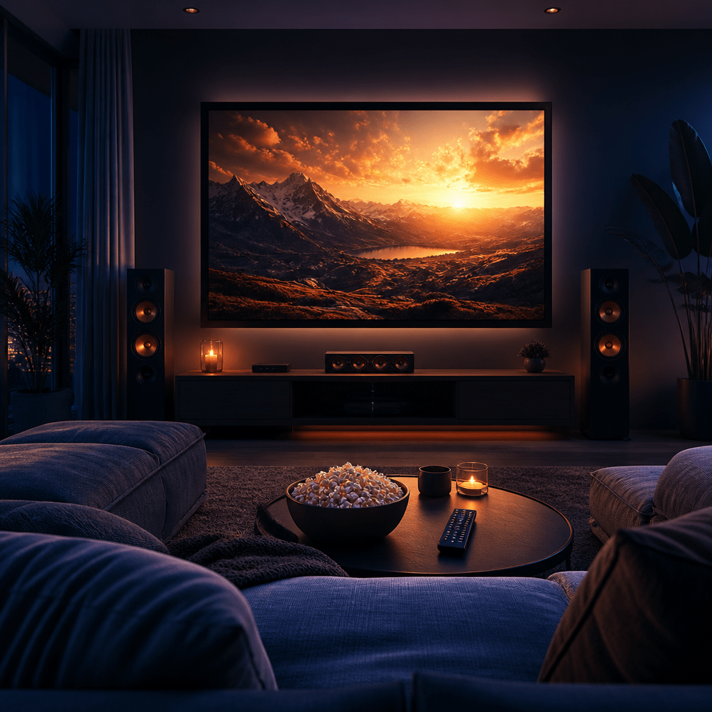 Gemütliches Heimkino-Setup mit leuchtendem Bildschirm – symbolisch für gute Filme auf Disney Plus