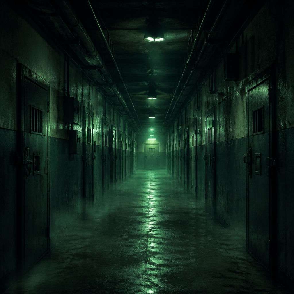Besetzung von The Green Mile – symbolischer Gefängniskorridor mit grünem Licht und dramatischer Atmosphäre