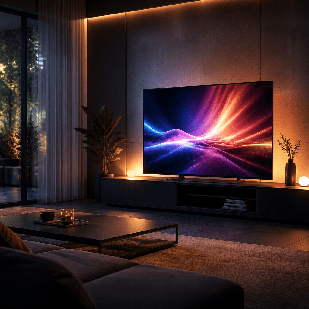 Beste Serien Amazon Prime – leuchtender Bildschirm mit abstrakten Lichteffekten in modernem Wohnzimmer