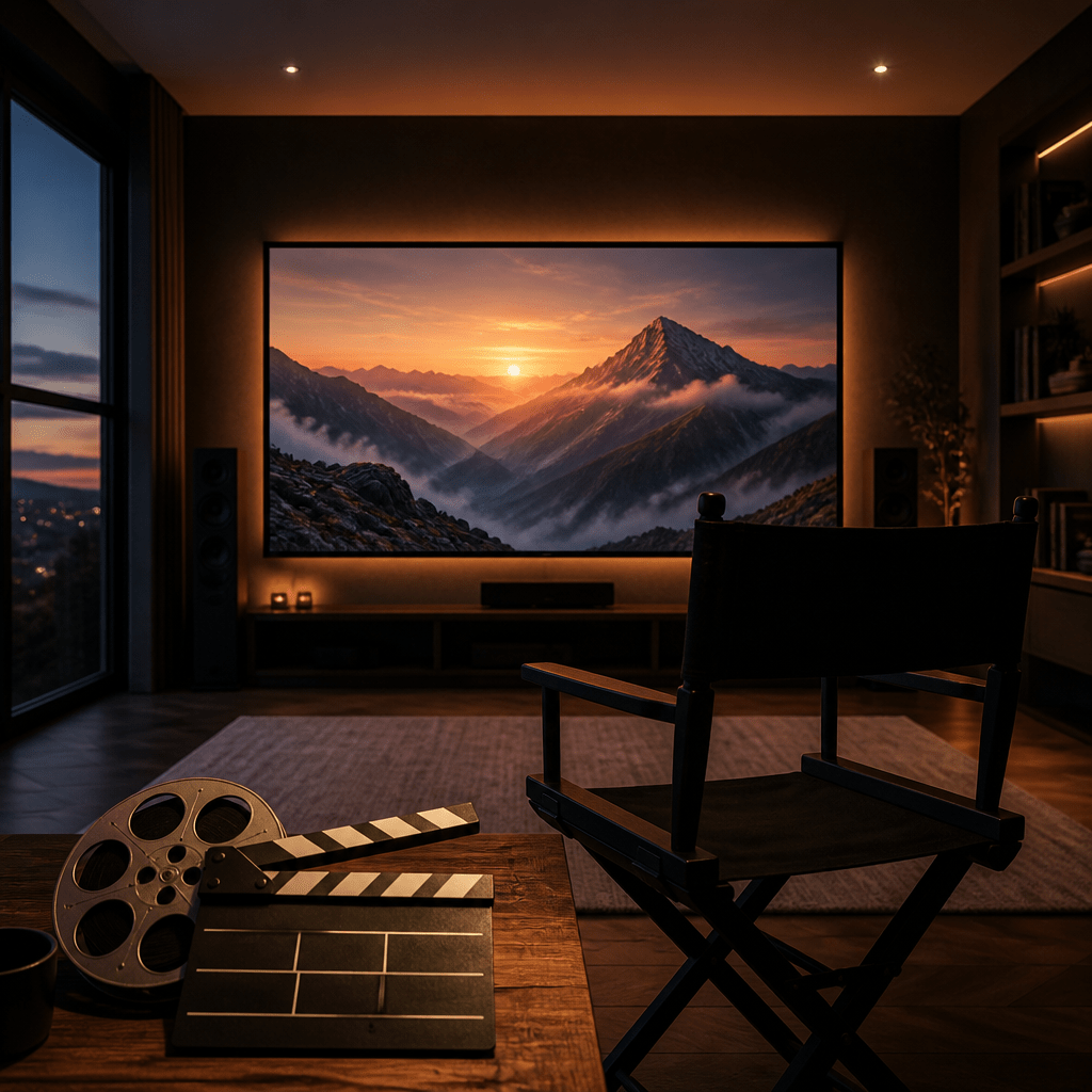 Symbolbild zu Filmen von Ben Affleck: Kinoatmosphäre mit Leinwand und Regiestuhl