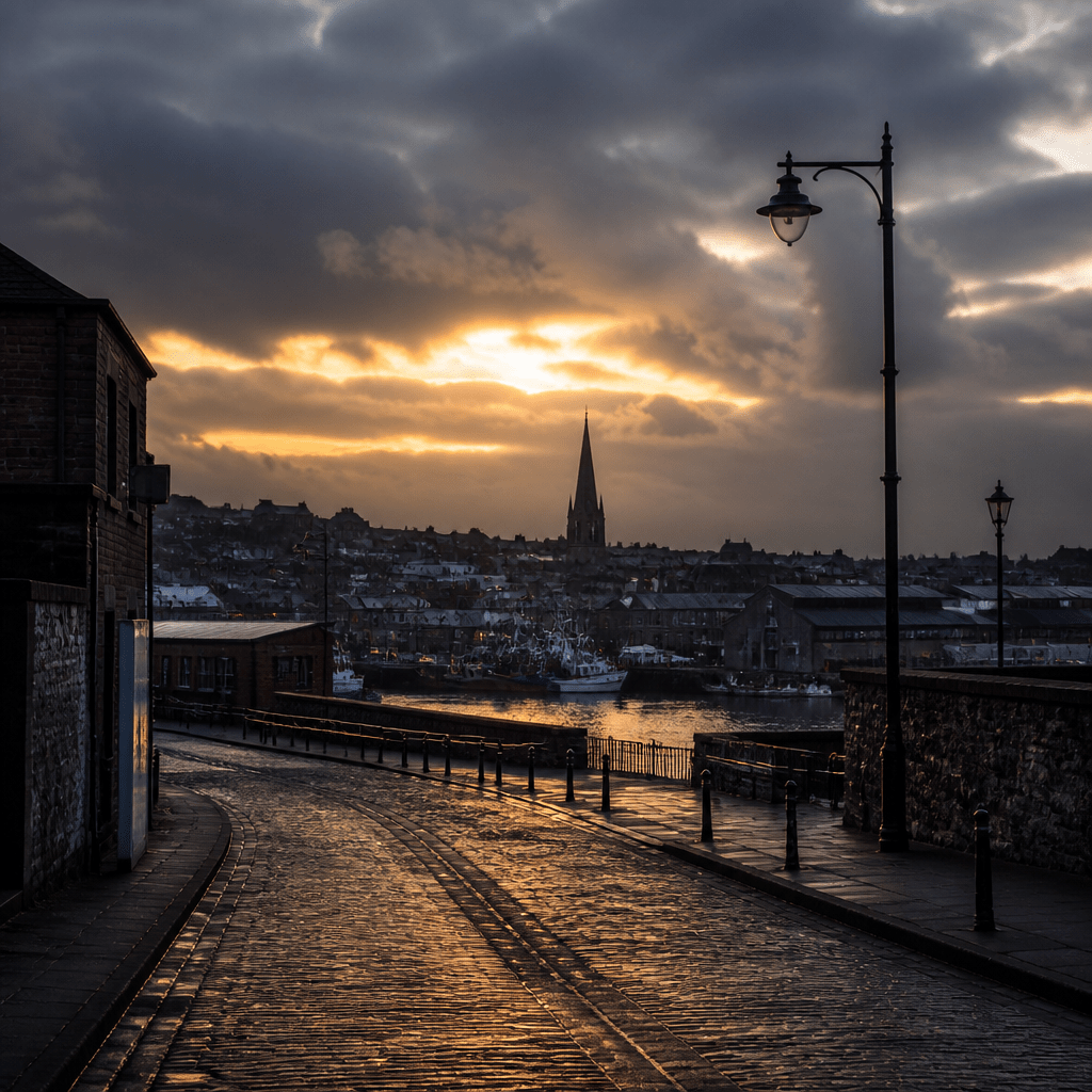 Symbolbild zu how to get to heaven from Belfast: nordirische Stadtsilhouette im dämmrigen Abendlicht
