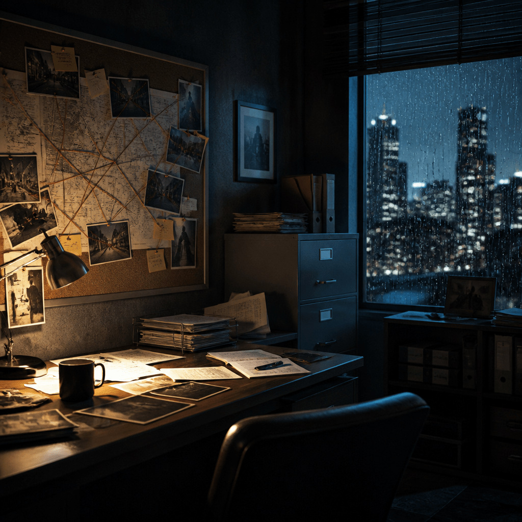 Symbolbild zu Alex Cross Staffel 2: düsteres Ermittlerbüro mit Akten und Indizientafel bei Nacht