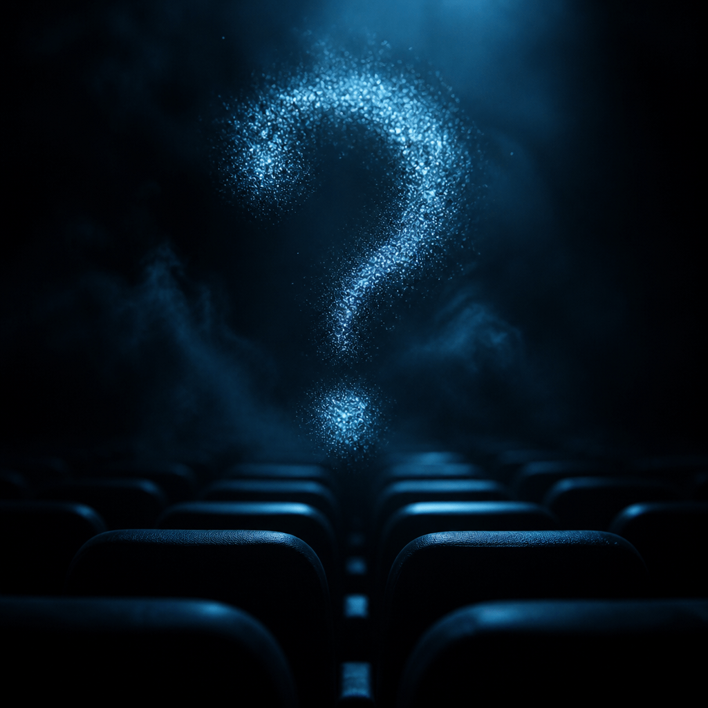 Symbolbild zu Harley Wallace: mysteriöses Fragezeichen-Motiv vor dunklem Kino-Hintergrund