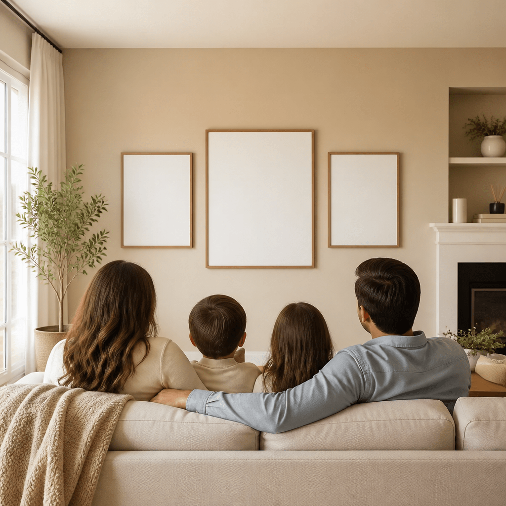 Symbolbild zur Besetzung von Modern Family: Familienfotorahmen in gemütlichem Wohnzimmer