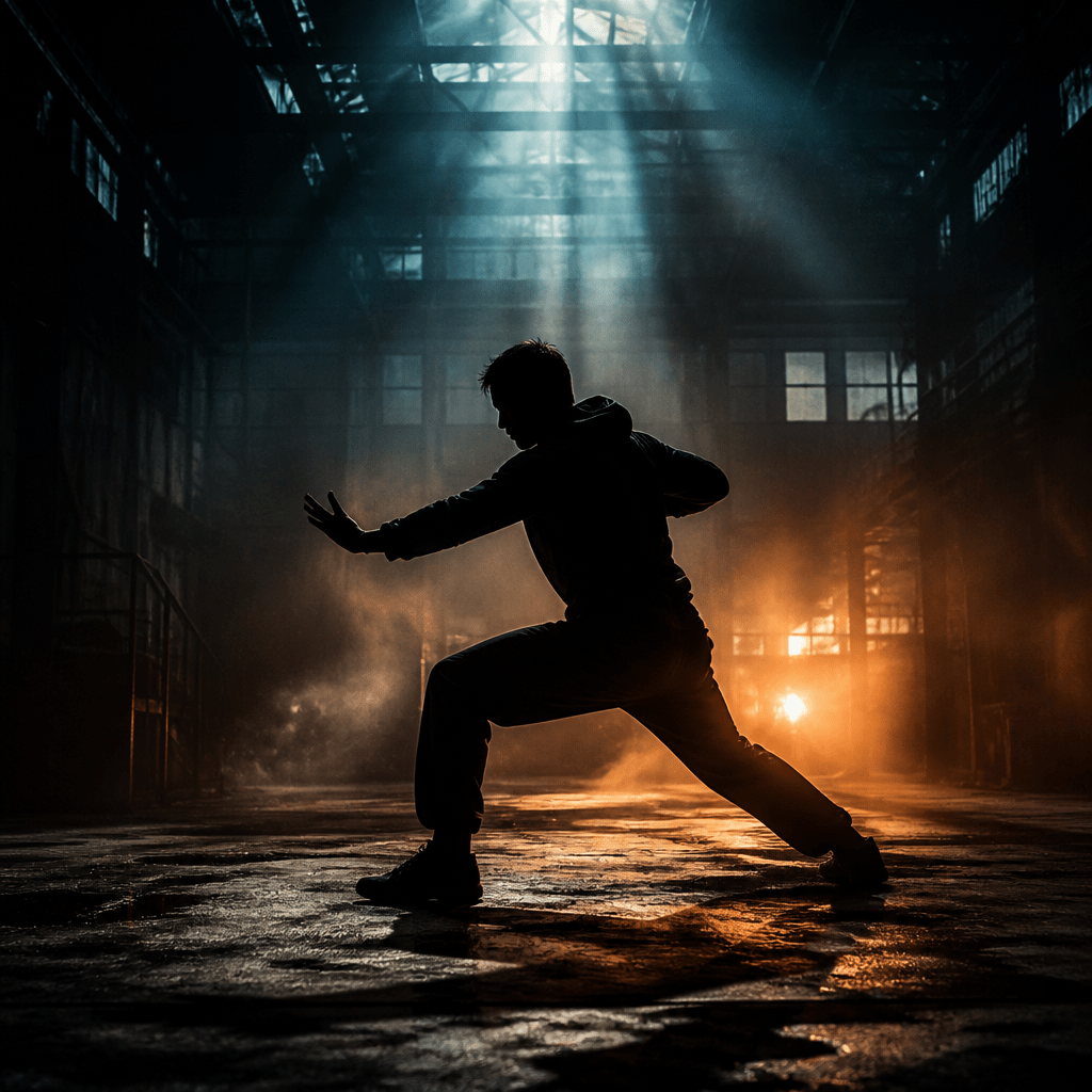 Symbolbild zu Filmen von Scott Adkins: Silhouette in dynamischer Kampfkunst-Pose in dunkler Lagerhalle