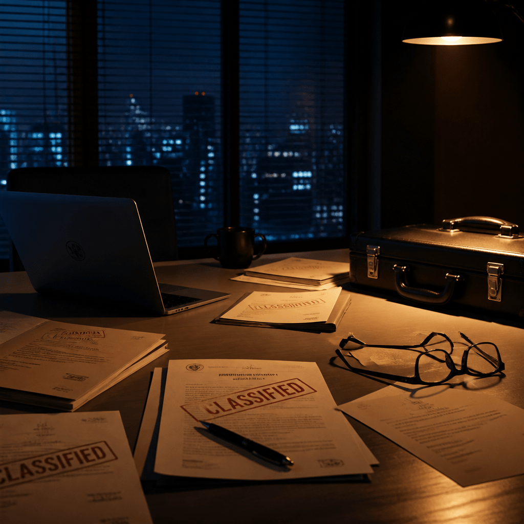 Symbolbild zur Besetzung von The Recruit: geheimnisvolle Spionage-Atmosphäre mit Dokumenten und Schreibtisch