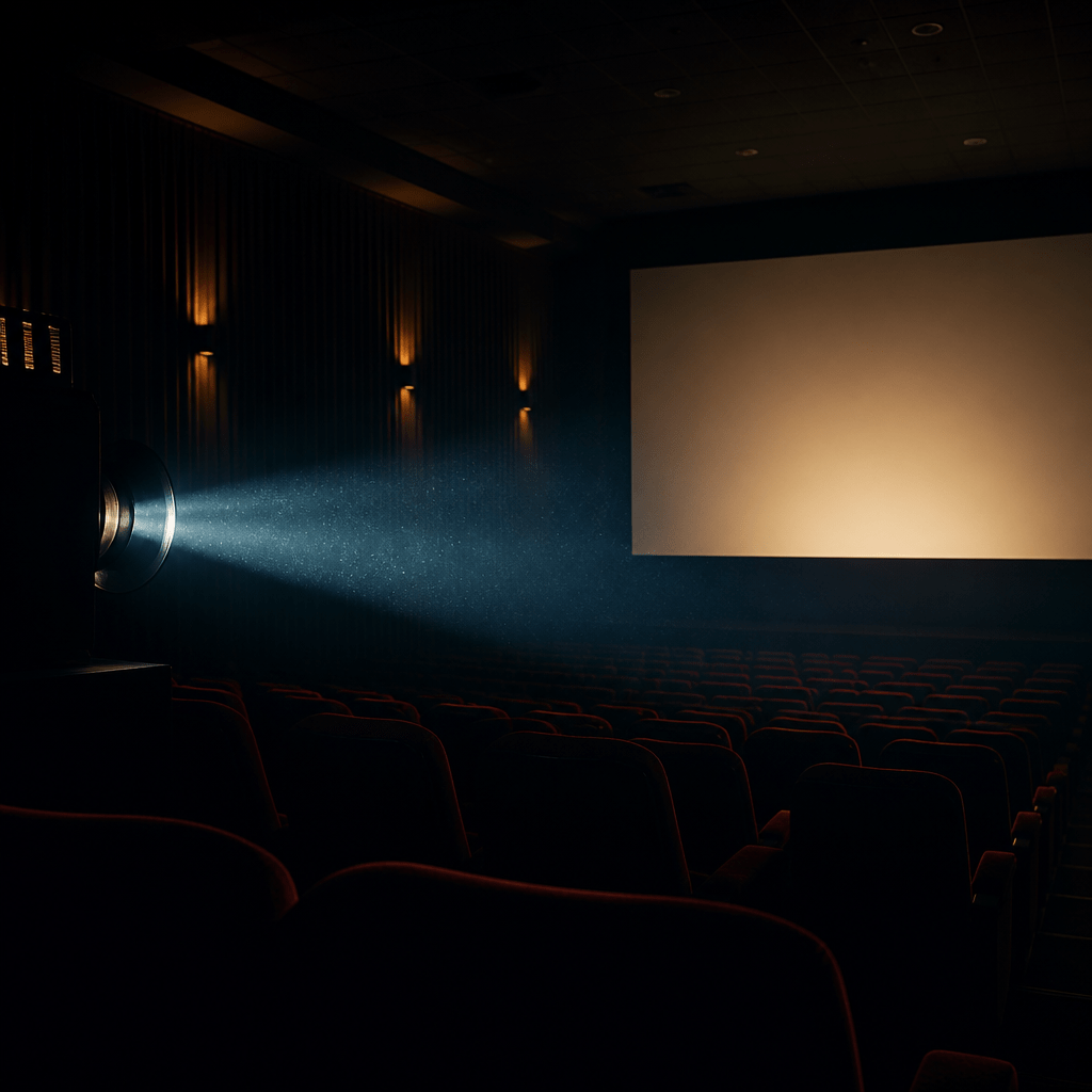 Symbolbild zu Filme von Jake Gyllenhaal: leeres Kino mit Projektorlicht und Filmleinwand