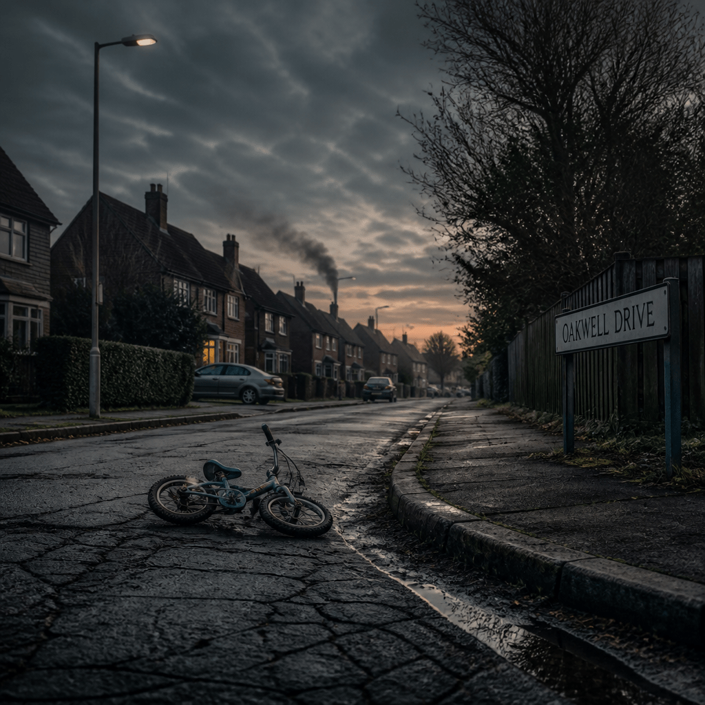 Symbolbild zu Down Cemetery Road: verlassene Straße mit Rauch und Kinderfahrrad als Zeichen des Mystery-Falls
