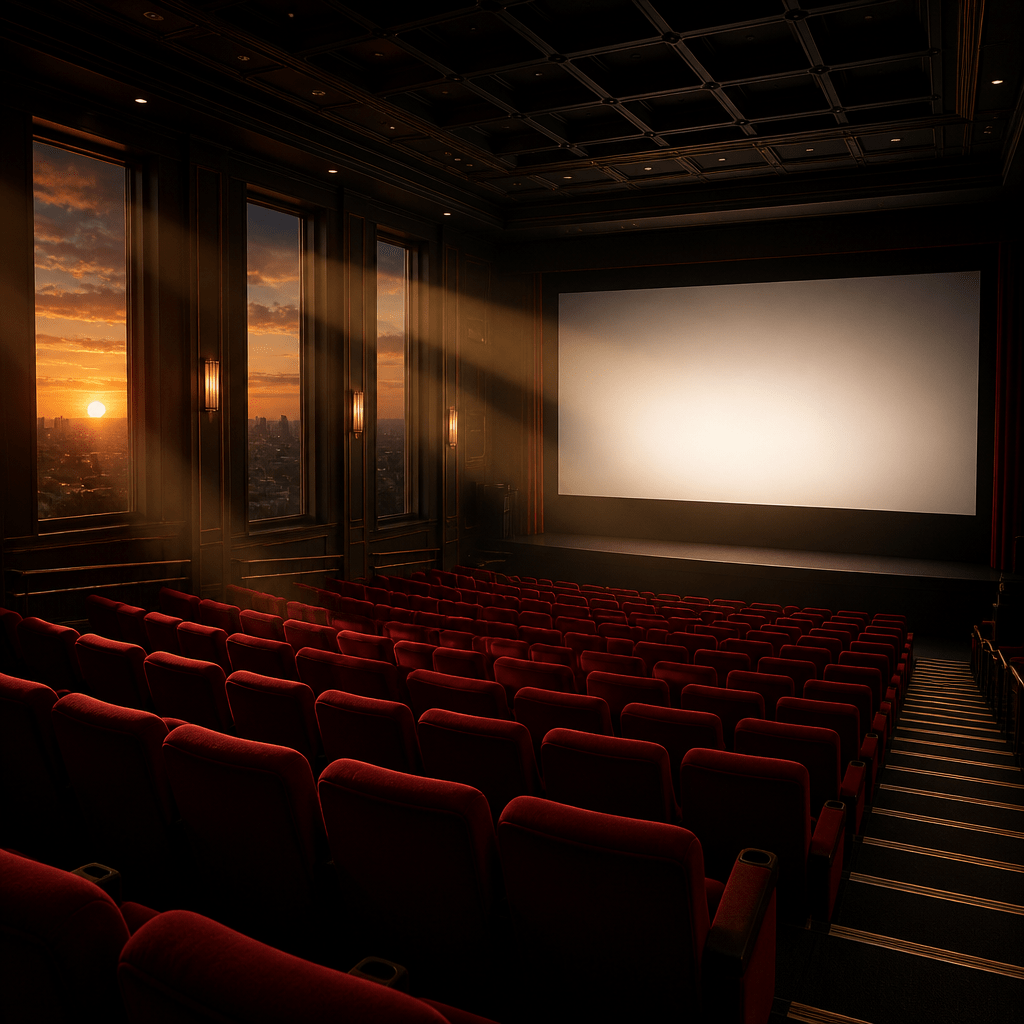 Symbolbild zu Vivian Schmitt: leeres Kino mit warmem Lichtspiel als Sinnbild für Filmkarriere