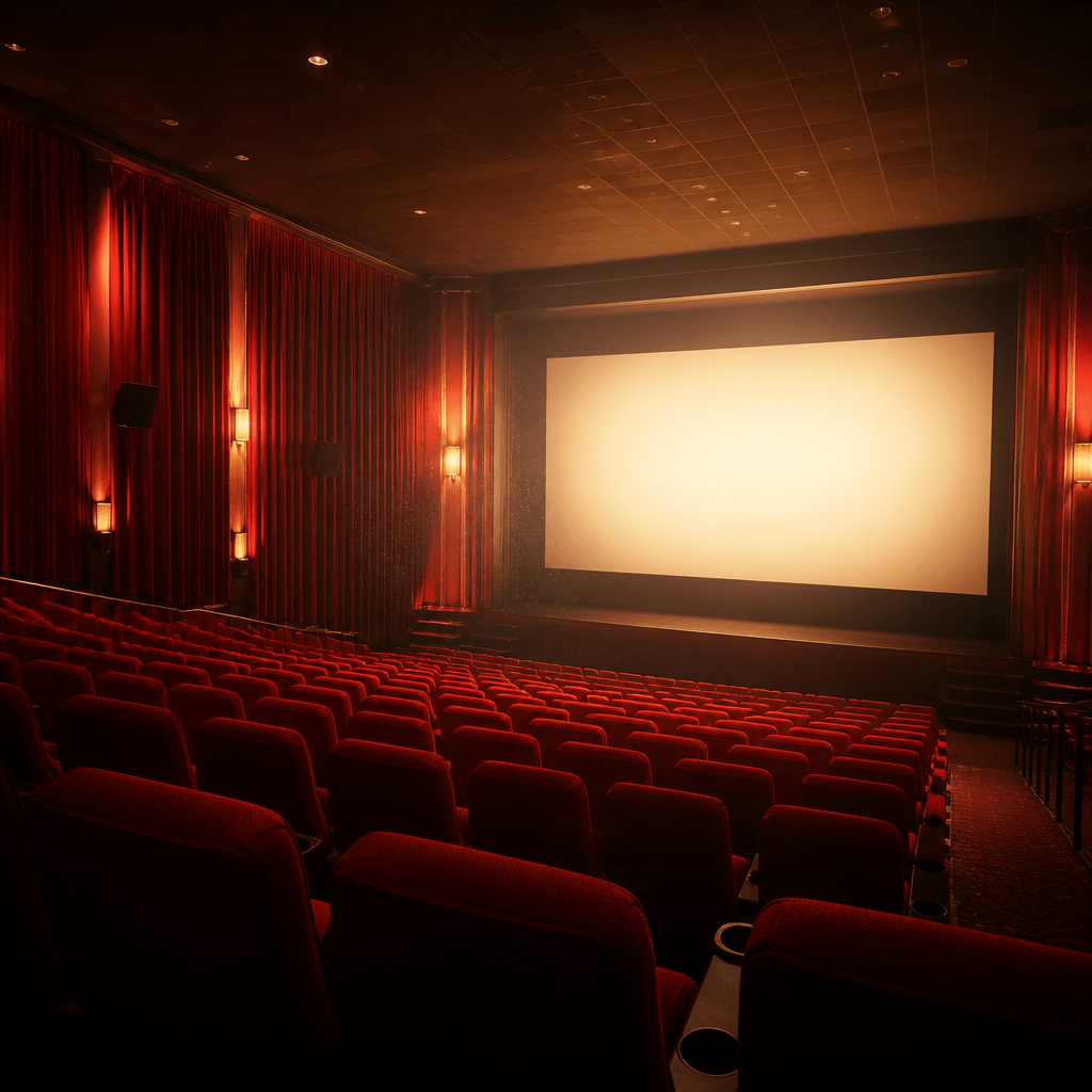 Symbolbild für Filme von Nina Dobrev: leeres Kino mit stimmungsvoller Beleuchtung
