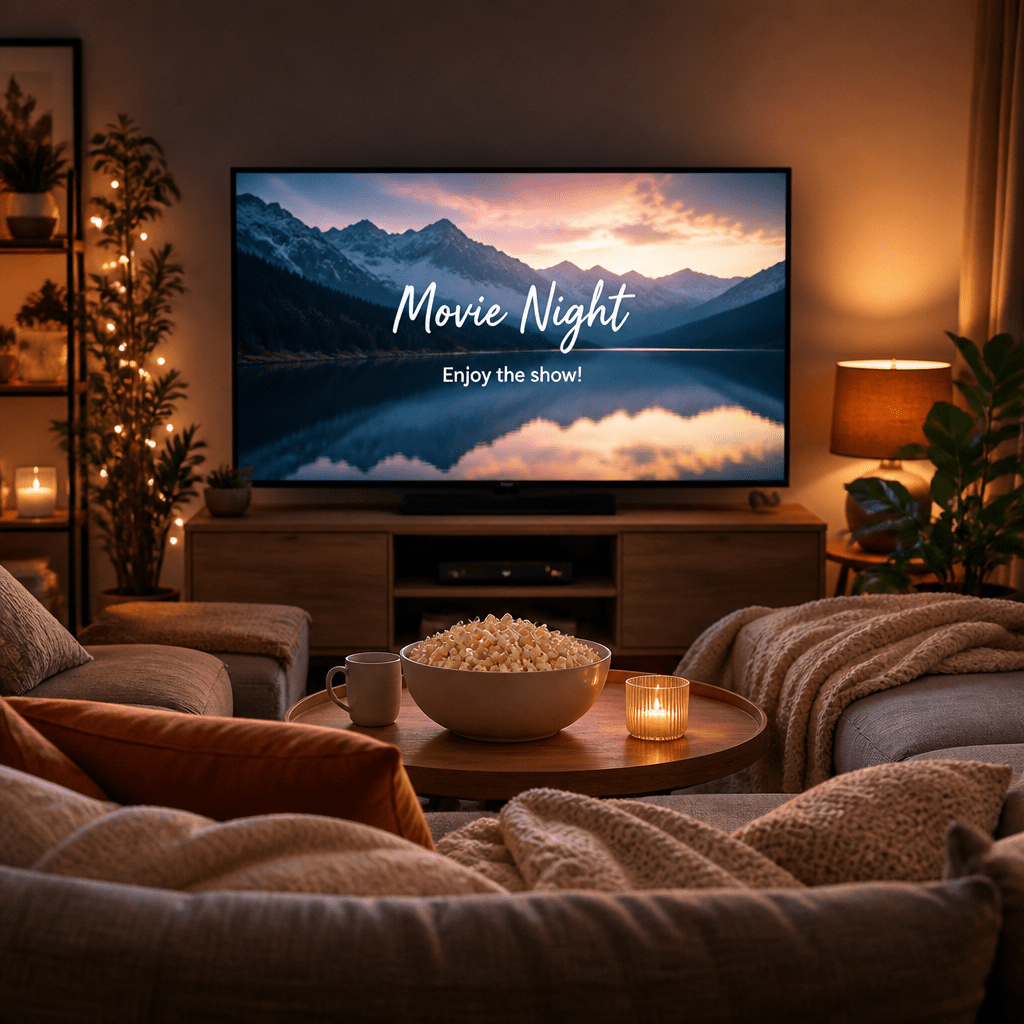 Gemütliches Wohnzimmer mit leuchtendem Fernseher als Symbolbild für Familienfilme Netflix