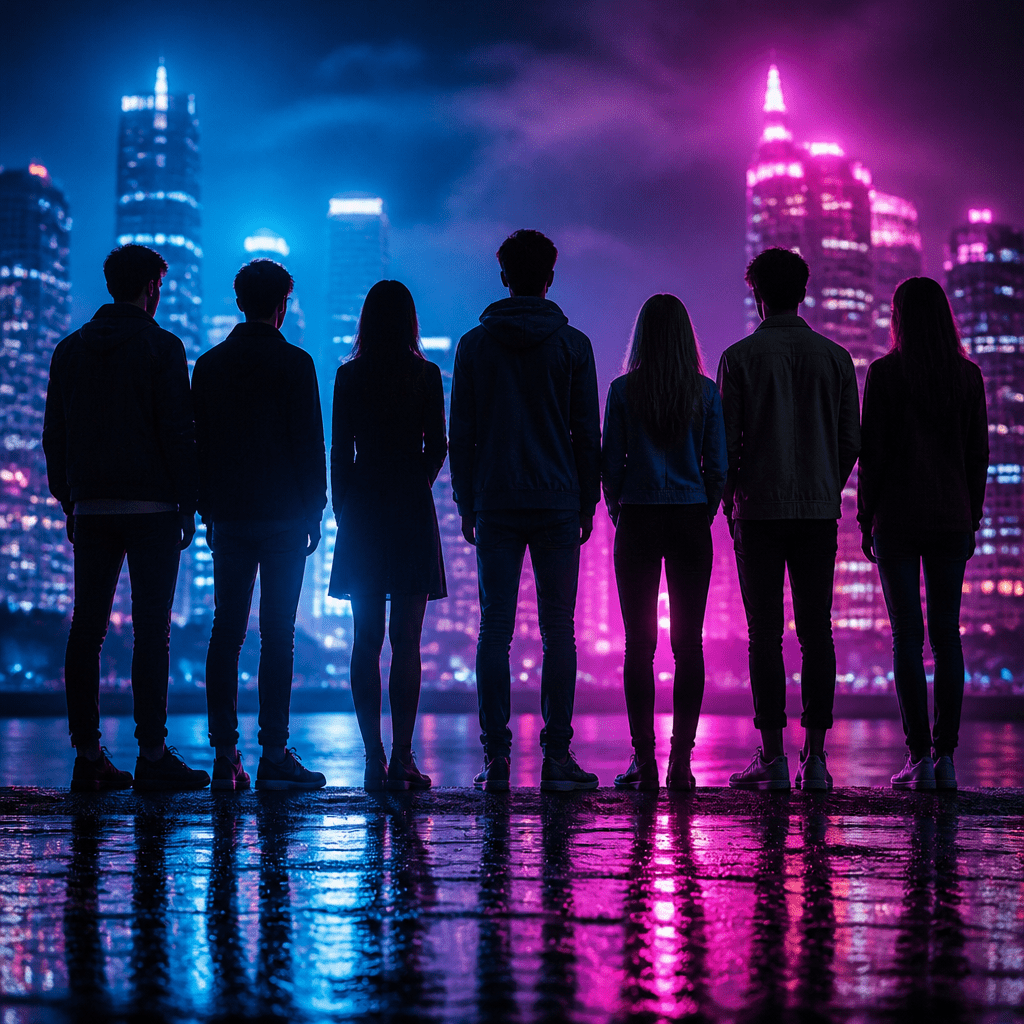 Symbolbild zur Besetzung von Euphoria: Silhouetten in dramatischem Neonlicht als Sinnbild für das Serien-Ensemble