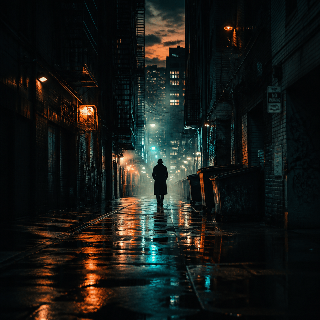 Symbolbild zu Filmen von Tom Hardy: düstere Silhouette in nebliger Großstadtgasse mit dramatischem Licht