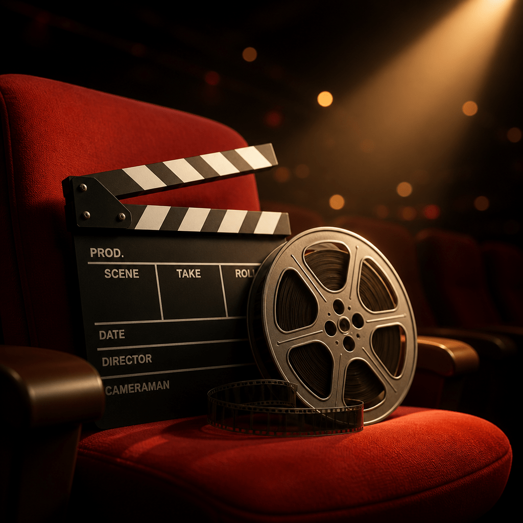 Filme von Dwayne Johnson: Symbolbild mit Kinosessel, Klappe und Filmrolle im Scheinwerferlicht