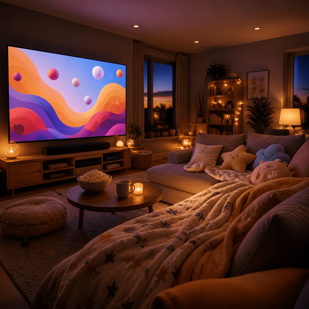 Gemütliches Wohnzimmer mit leuchtendem Bildschirm als Symbolbild für Kinderfilme Netflix ab 6