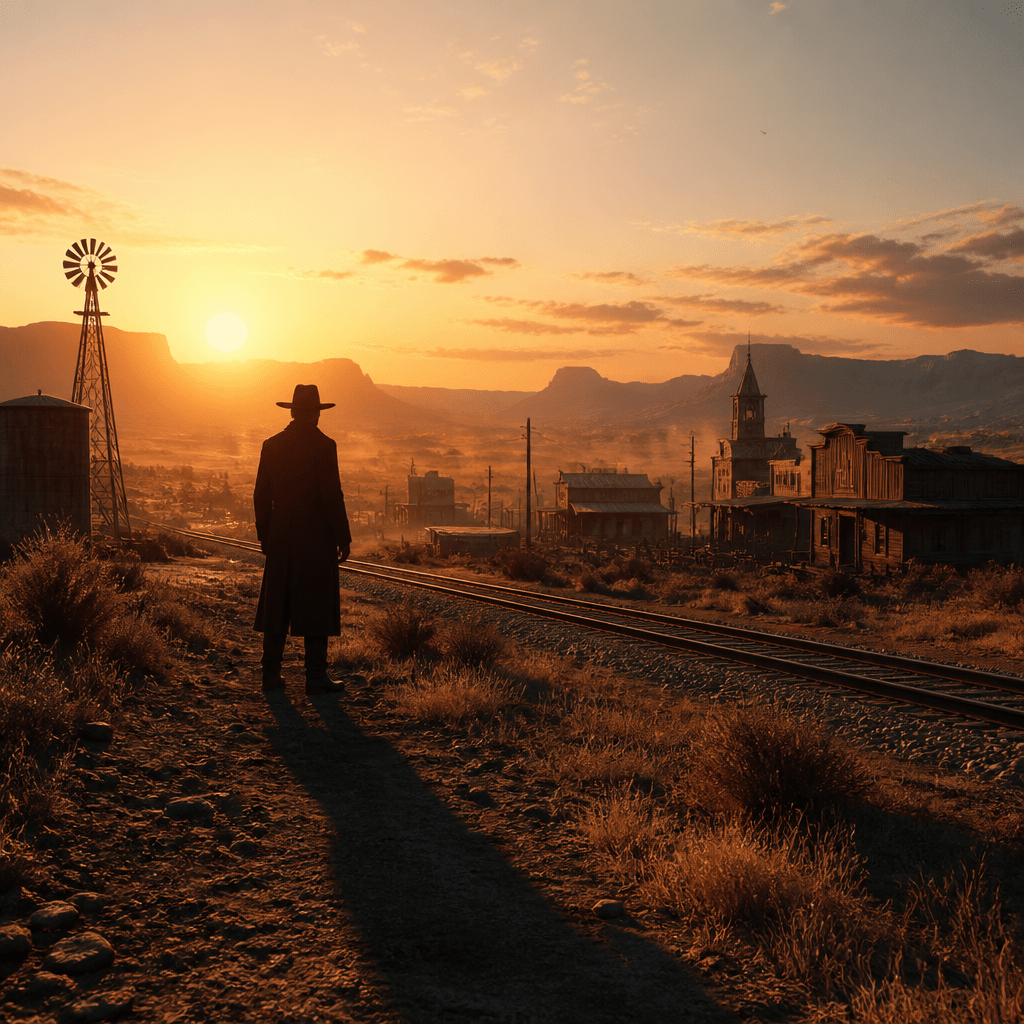 Symbolbild zu Spiel mir das Lied vom Tod: einsame Silhouette an Eisenbahngleisen in staubiger Westernlandschaft