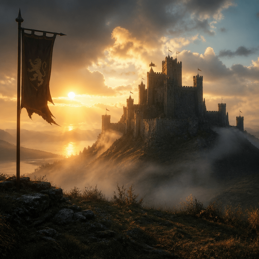 Symbolbild zum Start von A Knight of the Seven Kingdoms in Deutschland: mittelalterliche Burg im Nebel bei Sonnenaufgang