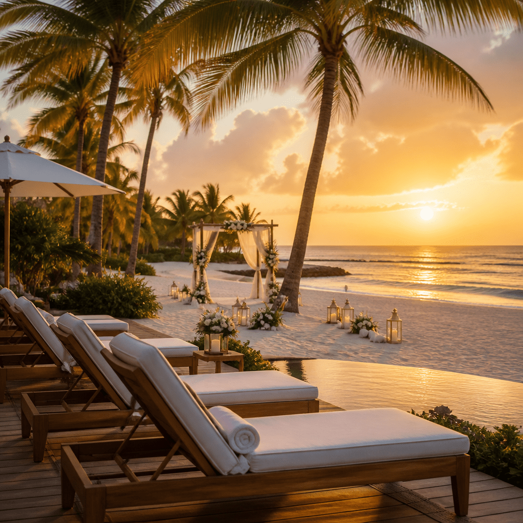 Tropisches Luxusresort bei Sonnenuntergang als Symbolbild für Resort to Love